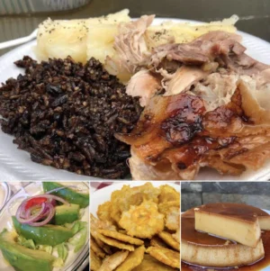Platos tradicionales cubanos, como arroz con frijoles, ropa vieja y plátanos fritos, representando la gastronomía de Cuba.