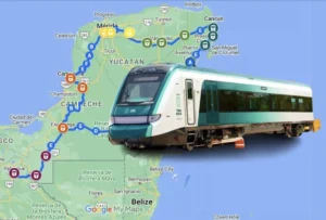 Tren Maya Llegada train maya sur la carte du Yucatán montrant l’itinéraire d’arrivée à Mérida