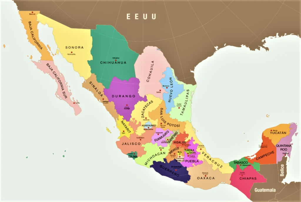 Mapa político de México con sus estados y ciudades principales