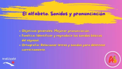 Diapositiva de AmaELEspañol sobre el alfabeto, los sonidos y la pronunciación en español.
