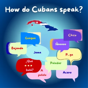Graphic with the title “How Do Cubans Speak?” showing the map of Cuba and speech bubbles with Cuban Spanish expressions like “Guagua,” “Ñoooo,” “Acere,” and “Qué bolá?”.