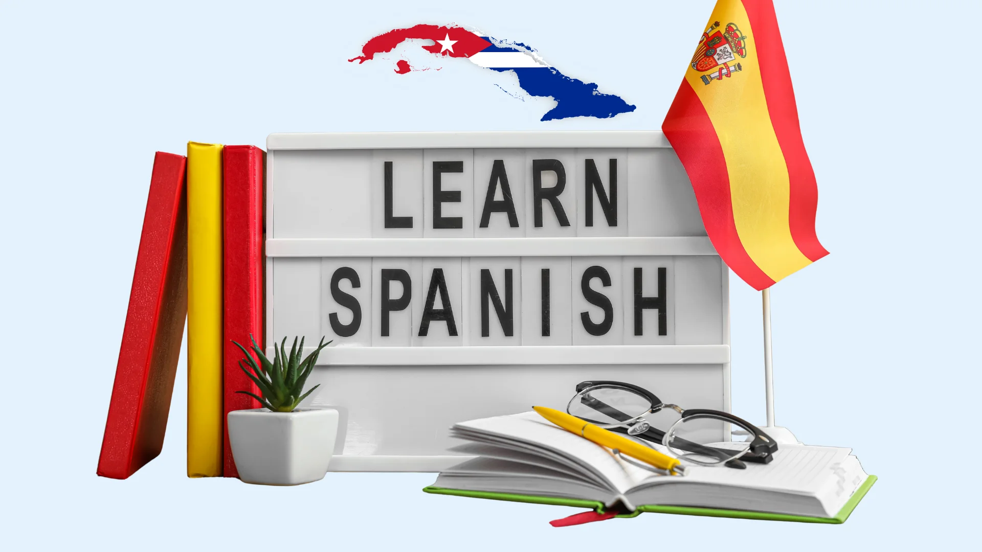 Libros, cuaderno, bandera de España y mensaje Learn Spanish representando clases de español online y aprendizaje del idioma español.