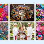 Collage de artesanía tradicional mexicana con textiles bordados, alebrijes, arte popular y vestimenta típica de Yucatán durante un programa de inmersión cultural en español.