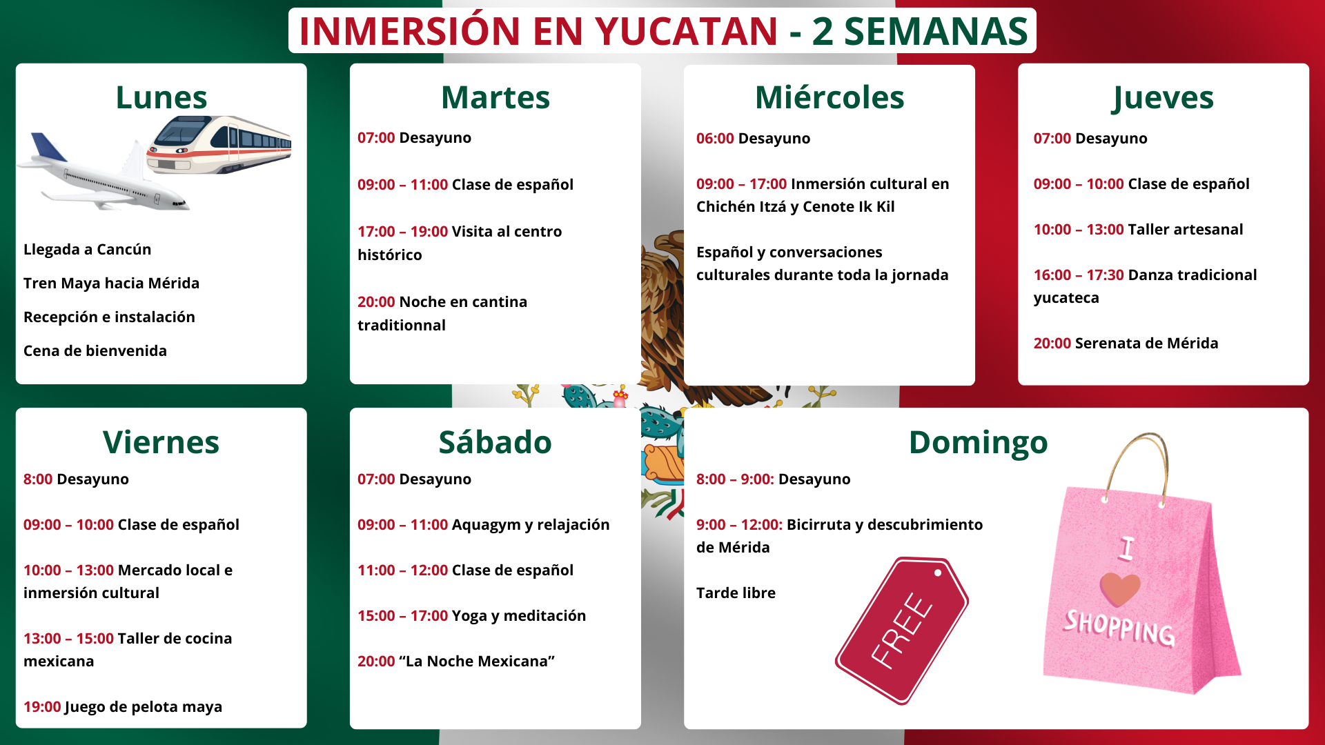 Programa de inmersión lingüística en Yucatán con clases de español, visita a Chichén Itzá, actividades culturales y experiencias auténticas en México.