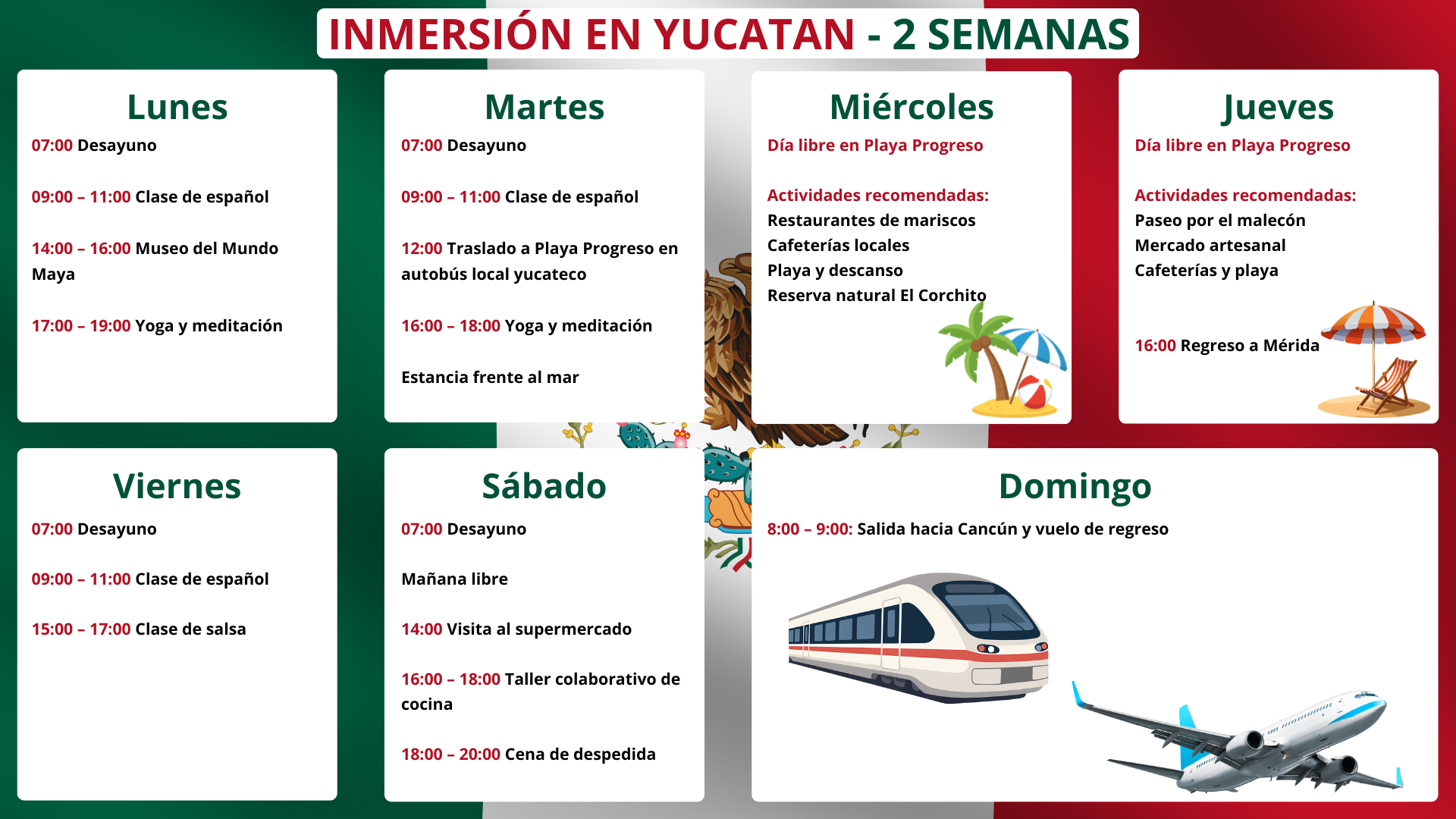 Segunda semana del programa de inmersión en Yucatán con estancia en Playa Progreso, clases de español y actividades culturales frente al mar.
