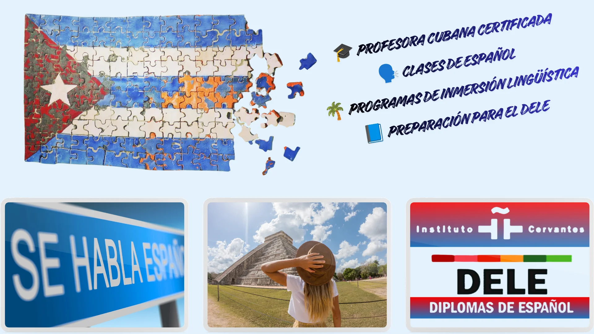 Profesora cubana certificada que ofrece clases de español online, programas de inmersión lingüística en Yucatán y preparación para los exámenes DELE del Instituto Cervantes.