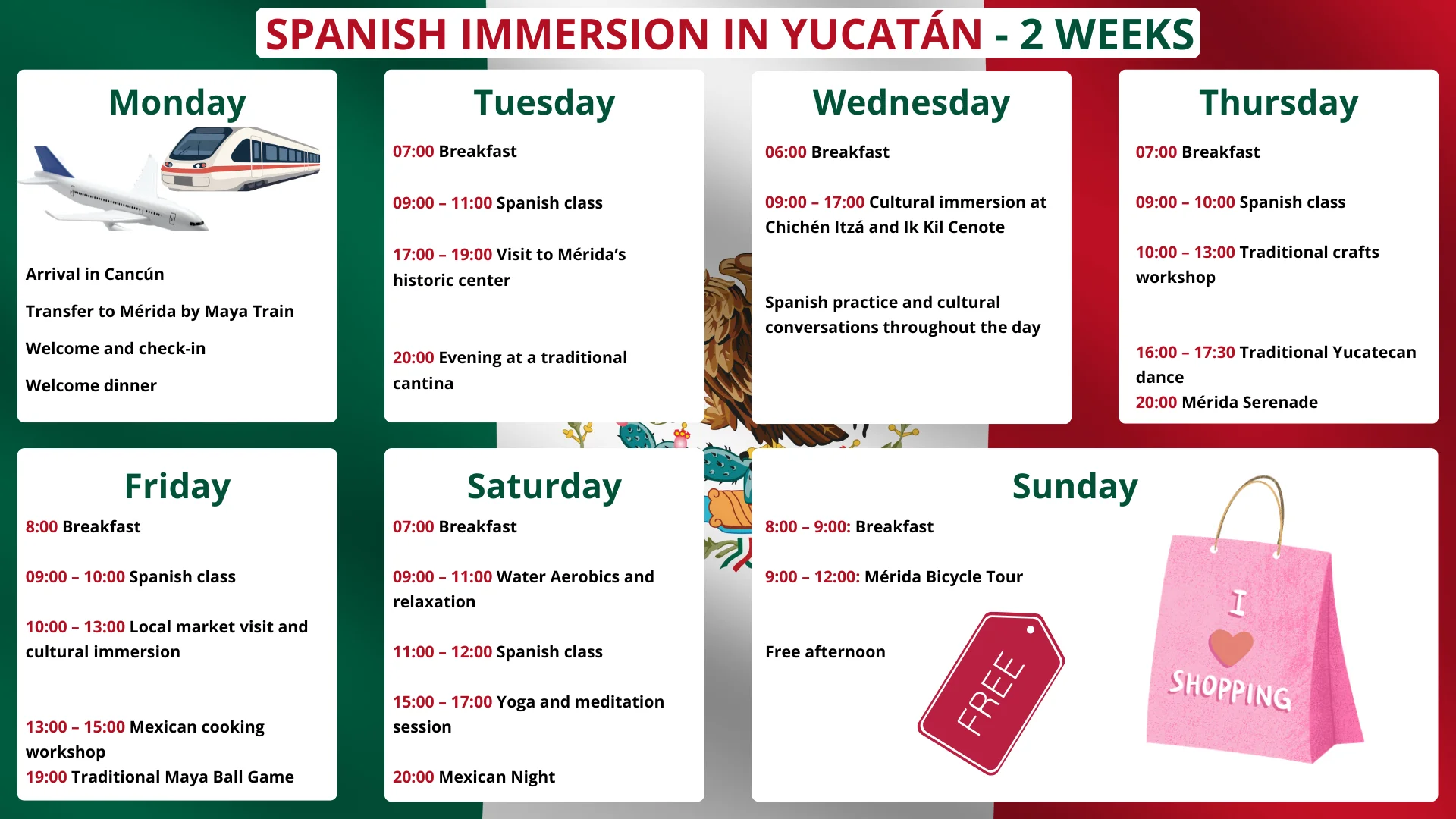 Week 1 of a Spanish immersion program in Yucatán, Mexico, including Spanish classes, Progreso Beach stay, cultural activities, yoga, salsa lessons and farewell dinner.