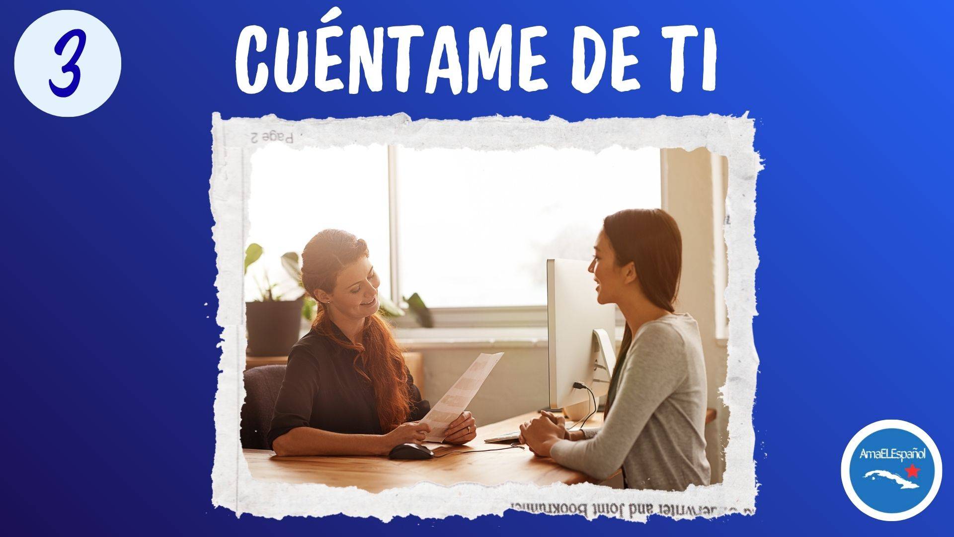 Portada de la lección “Cuéntame de ti” con dos personas conversando para practicar la edad, el lugar de residencia y los idiomas en español.