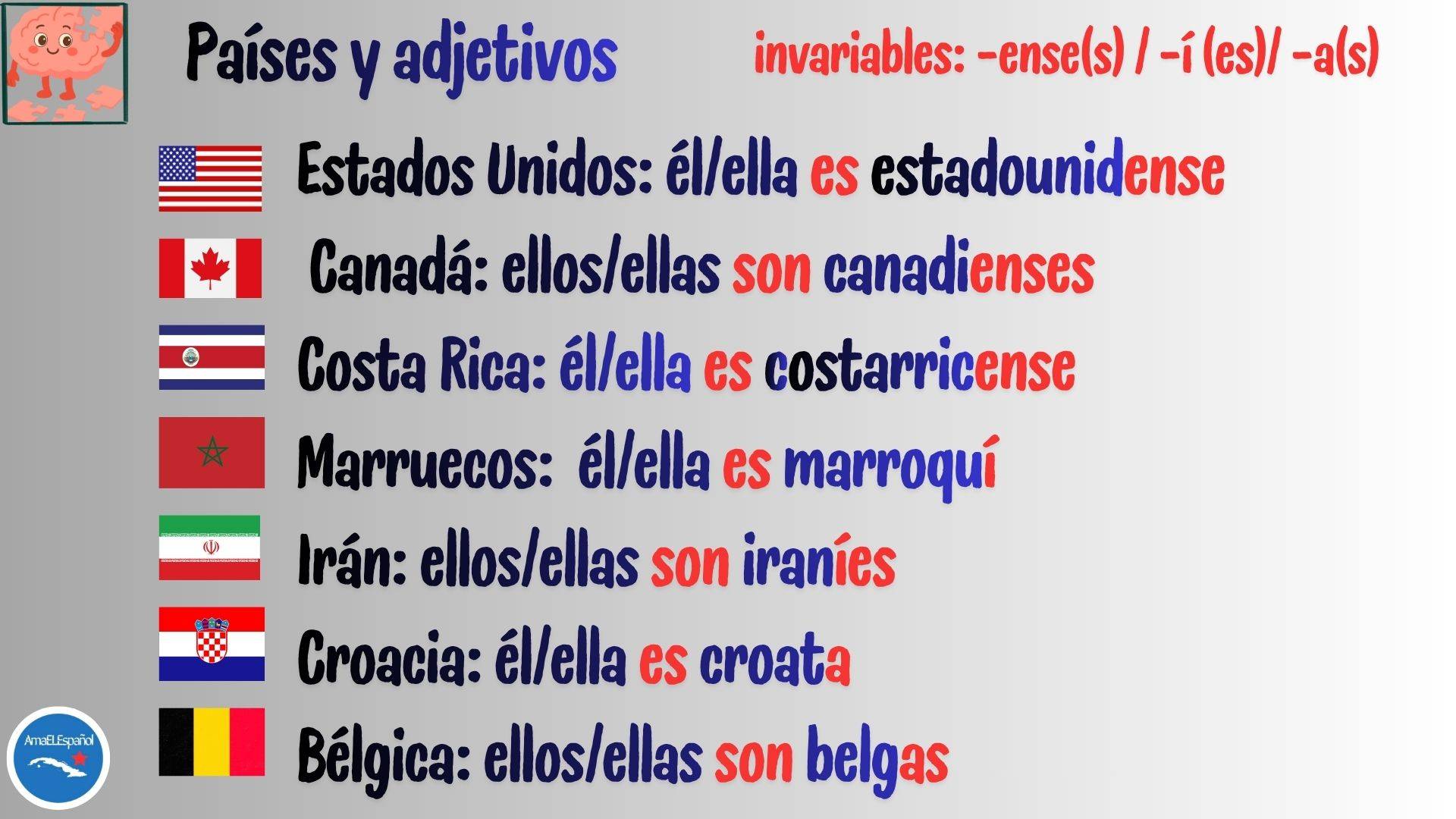 Ficha de español A1 sobre adjetivos de nacionalidad terminados en ense.