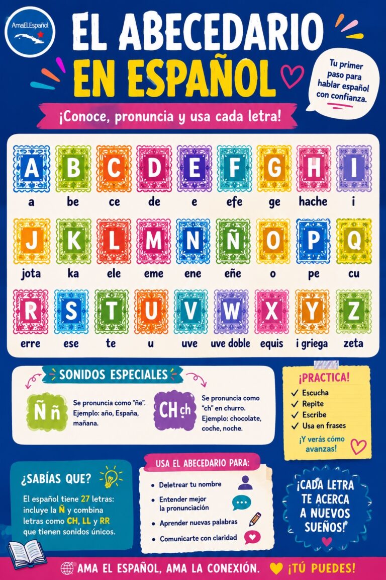 Spanish alphabet chart with letters and pronunciation for beginners