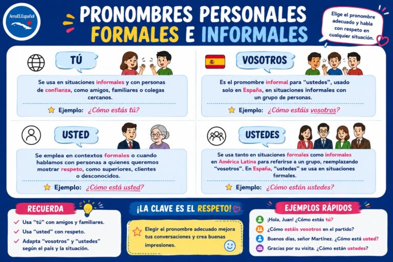 Spanish personal pronouns chart including tú, usted, vosotros and ustedes