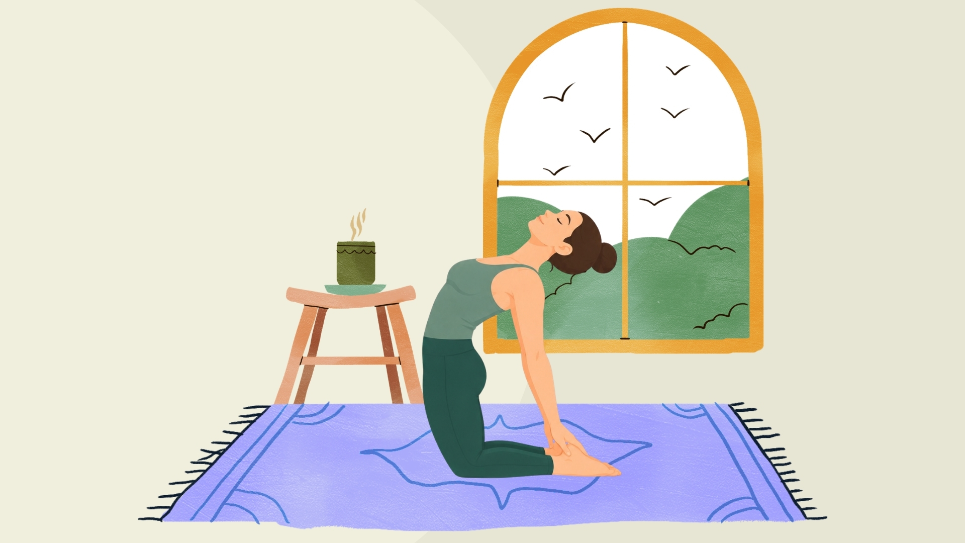Mujer realizando la postura del camello en una actividad de yoga para aprender español.