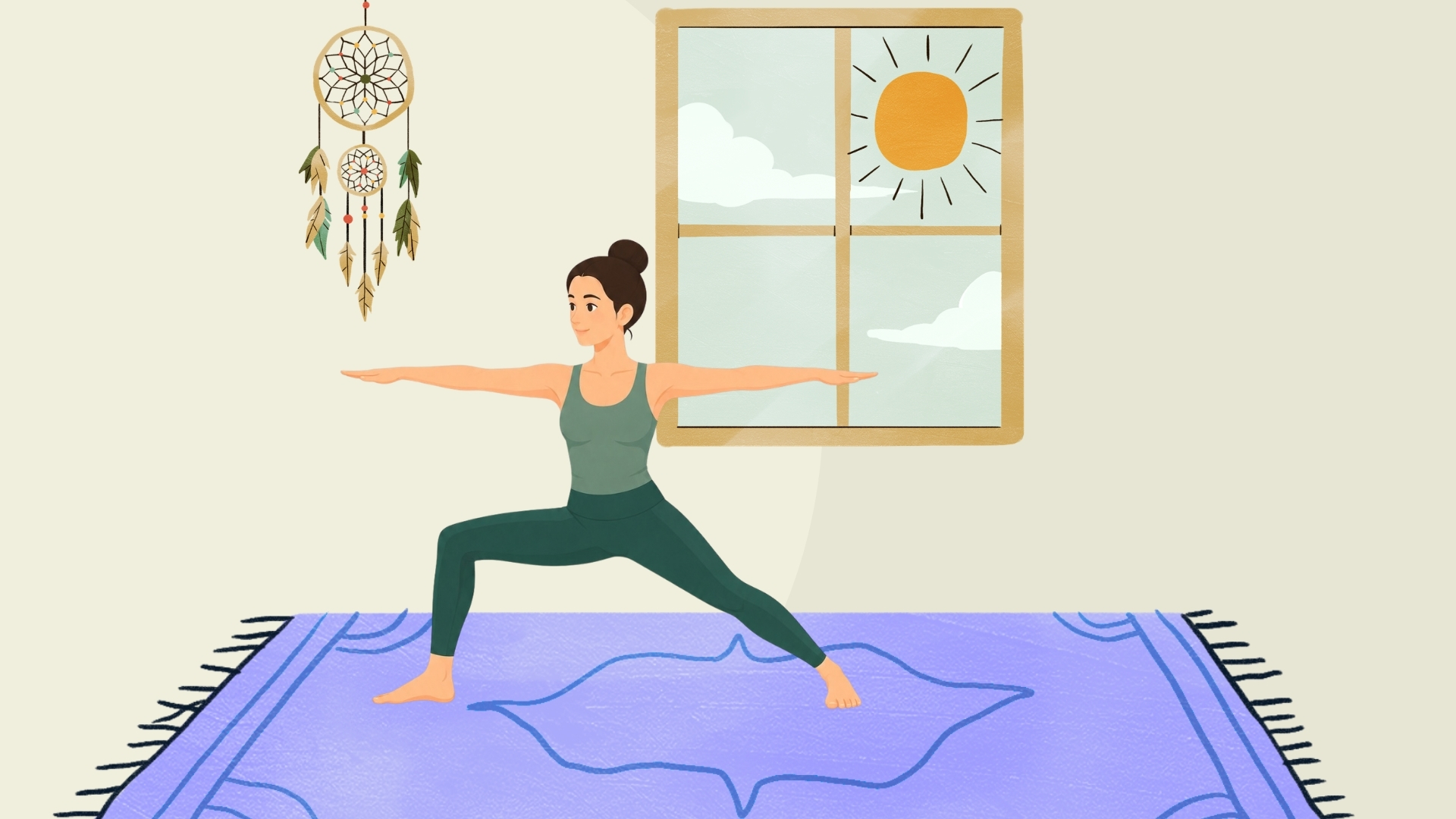 Mujer practicando la postura del Guerrero 2 en una clase de yoga en español.