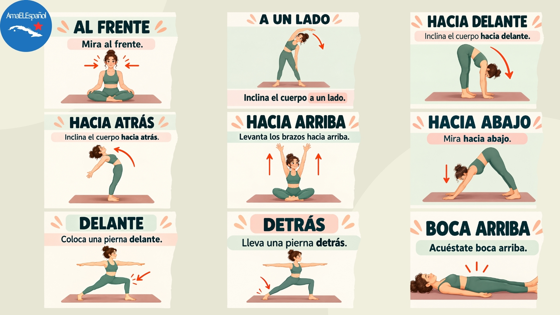 Instrucciones de yoga en español con adverbios, direcciones e imperativo