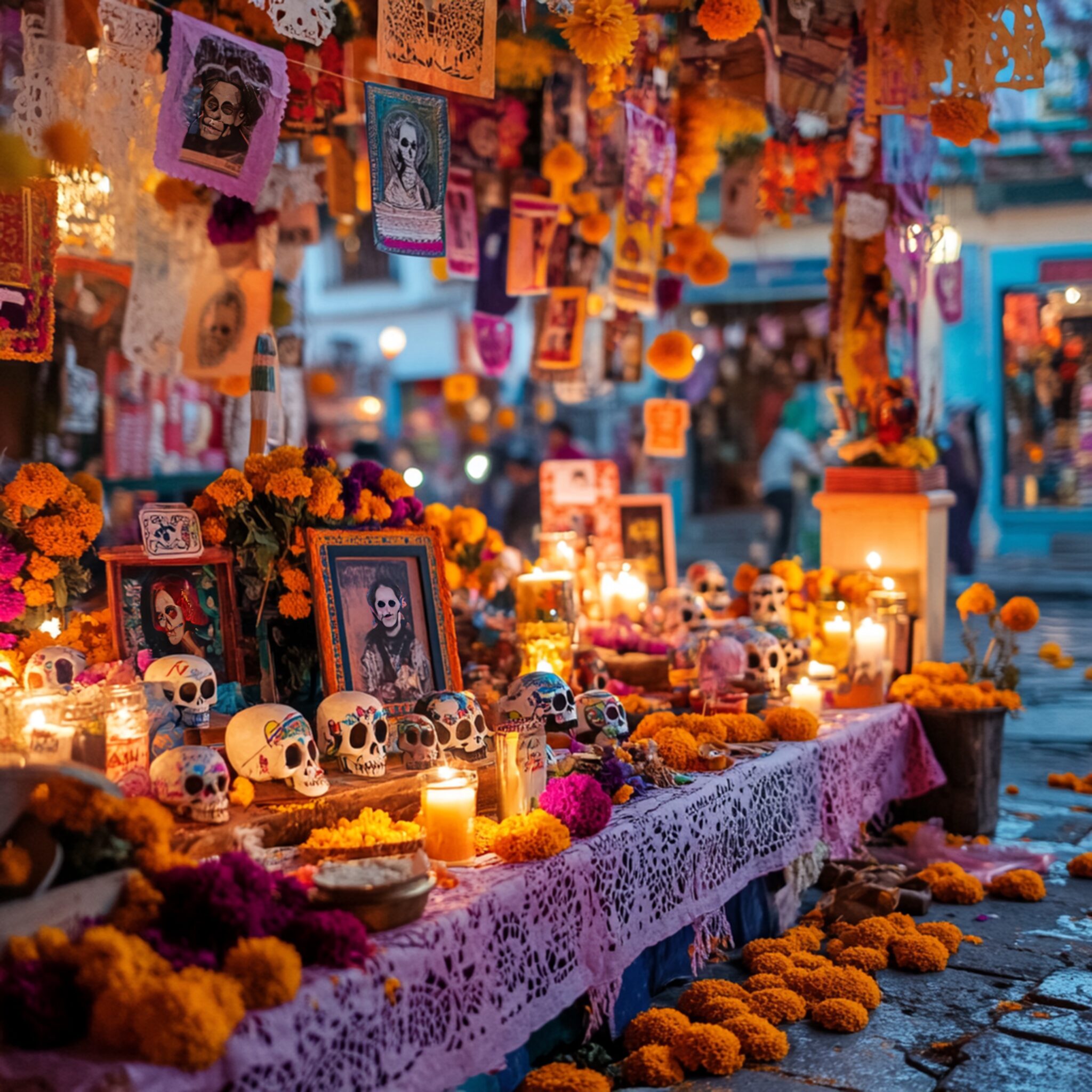 Day of the Dead altar with photographs, candles, marigold flowers, bread, and sugar skulls in Mérida, Yucatán.