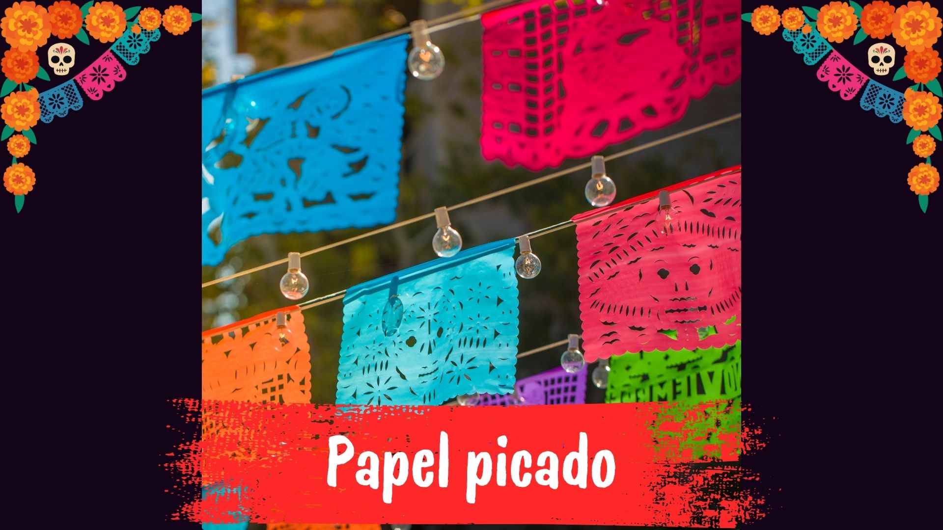 Colorful papel picado used to decorate Day of the Dead altars and celebrations in Mexico.