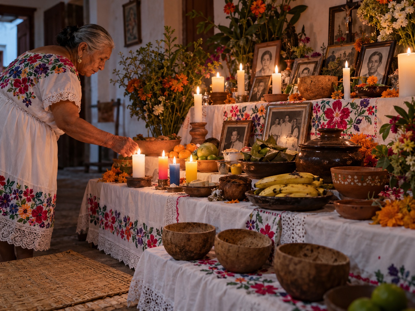Traditional Janal Pixán altar in Yucatán with jícaras, clay containers, white and colored candles.
