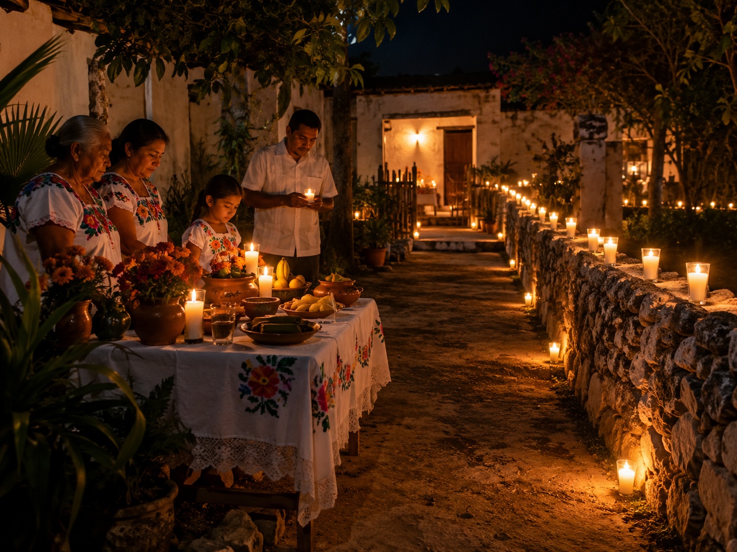 Yucatecan family during the Biix, with offerings and candles placed on a traditional stone wall to bid farewell to the souls.