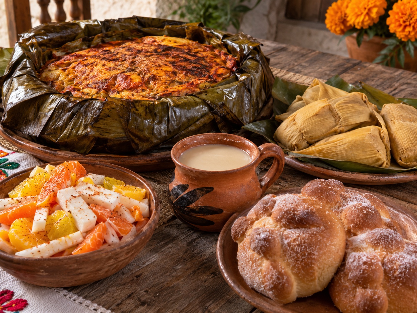Pib or mukbilpollo, tamales, atole, pan de finados, and xe’ek, traditional foods of Janal Pixán in Yucatán.