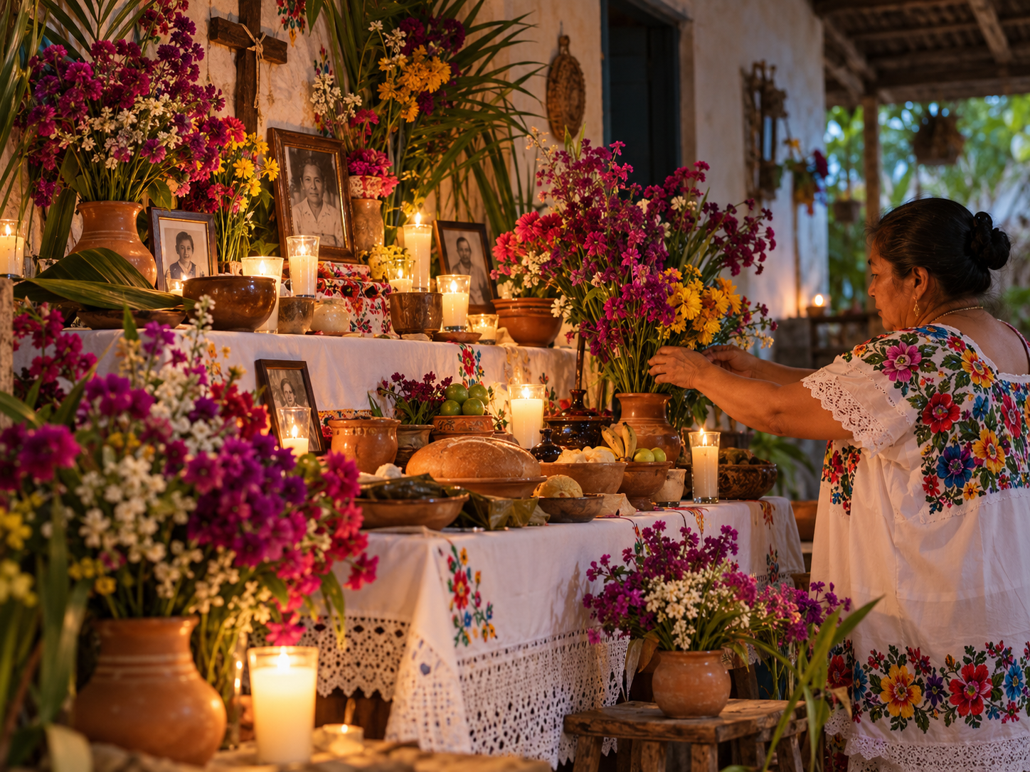Traditional Janal Pixán altar in Yucatán decorated with local flowers, including xpujuc, also known as amor seco.