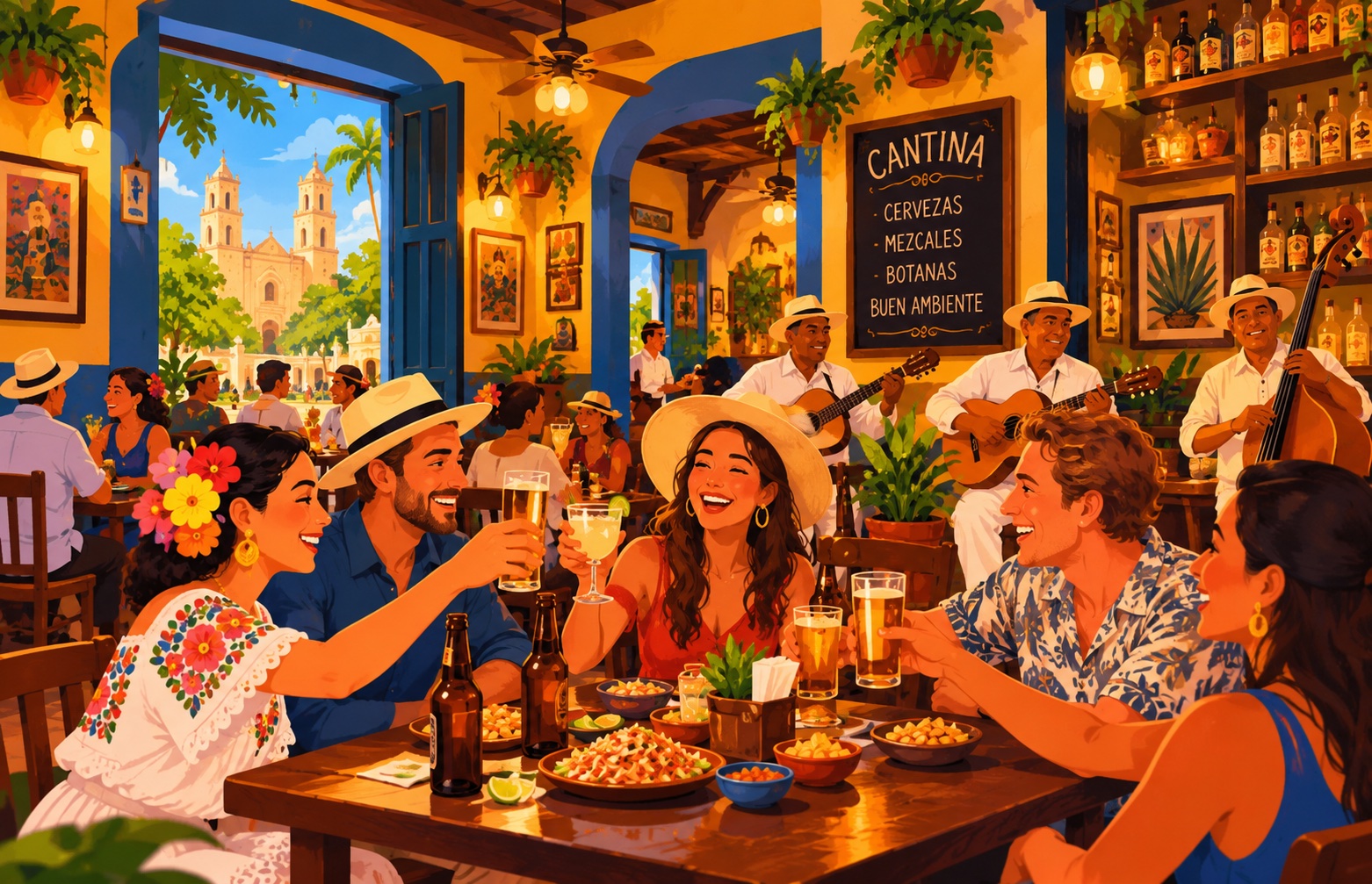 Colorful illustration of friends enjoying drinks and traditional Mexican botanas at a cantina in Mérida, Yucatán.